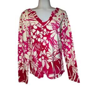Chico’s Women’s Size 1 US 8 Pink Floral Long Sleeve Top 100% Cotton V Neck